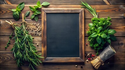 Rustic wooden table with fresh herbs and blank chalkboard for recipes