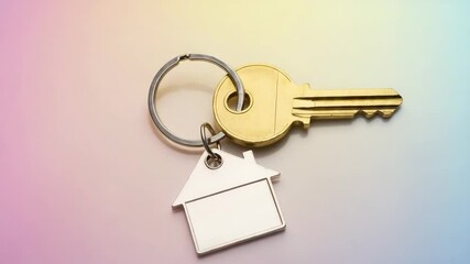 Key with house-shaped tag on colorful background   - Powered by Adobe