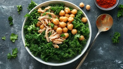 Healthy protein bowl with shredded turkey, kale, and chickpeas, fitness meal plan generative ai