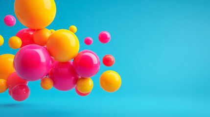 Bright pink and yellow glossy spheres floating on a blue background.