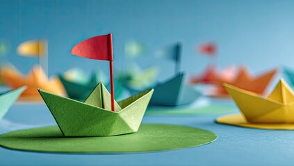 Colorful paper origami boats on a light blue background