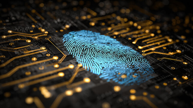 Digital blue fingerprint on a black microchip circuit board.