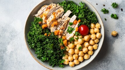 Healthy protein bowl with shredded turkey, kale, and chickpeas, fitness meal plan generative ai