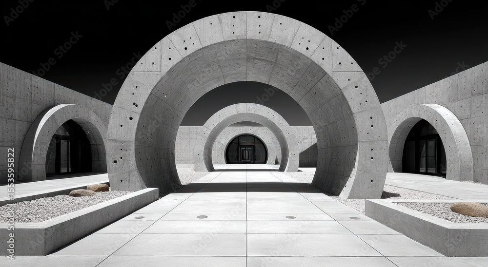 Poster modern architectural structure with circular concrete arches and minimalist design. scene is monochr