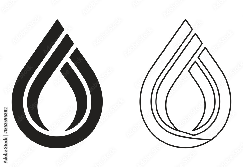 Poster abstract geometric droplet shape with multiple parallel lines in black and white