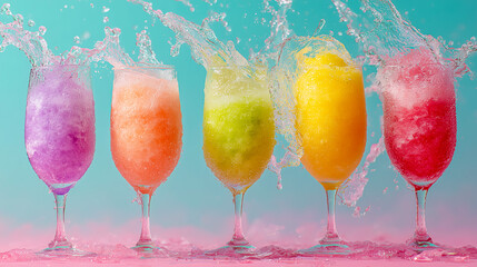 Colorful frozen drinks splashing in elegant glasses against a pastel background.