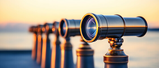 Coastal sunset view through a row of vintage coin-operated binoculars.  Perfect for travel, tourism, and exploration concepts.