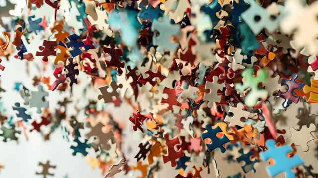 Floating colorful puzzle pieces representing mental abstraction |  analytical fragmentation |  and creative disconnection