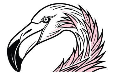 Outlined flamingo head gracefully curves inward, its beak prominent against a simple white backdrop