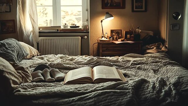 Cozy bedroom scene with an open book on a rumpled bed, soft light from a desk lamp illuminating the room