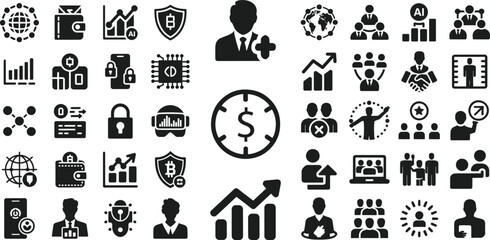 Business and Finance Icons Set – Crypto, Growth, Teamwork, Security, AI and Data Vector Symbols

