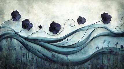 Dark teal flowing fabric background with dark purple flowers.