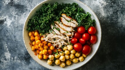 Healthy protein bowl with shredded turkey, kale, and chickpeas, fitness meal plan generative ai