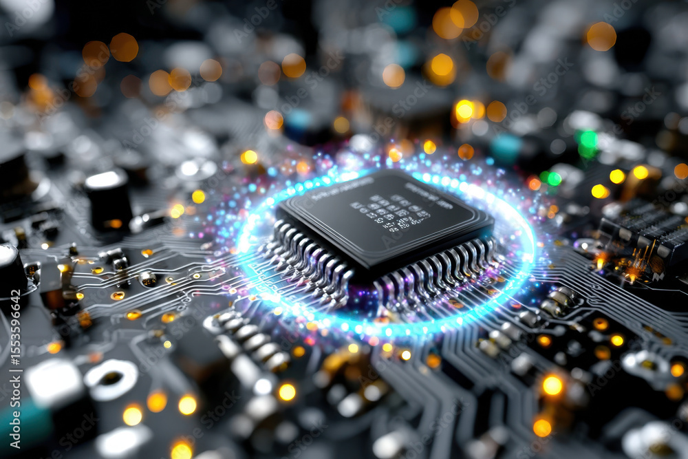 Aufkleber close-up view of a computer processor on a circuit board with glowing elements and details