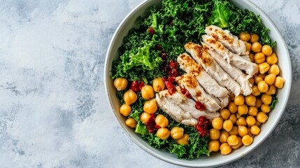 Healthy protein bowl with shredded turkey, kale, and chickpeas, fitness meal plan generative ai