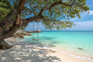 Tranquil beach scene with swing
