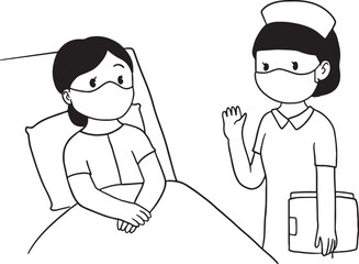 A black and white line art illustration of a nurse wearing a face mask talking to a female patient in a hospital bed. This image represents doctor-patient communication and medical consultation.