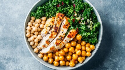 Healthy protein bowl with shredded turkey, kale, and chickpeas, fitness meal plan generative ai