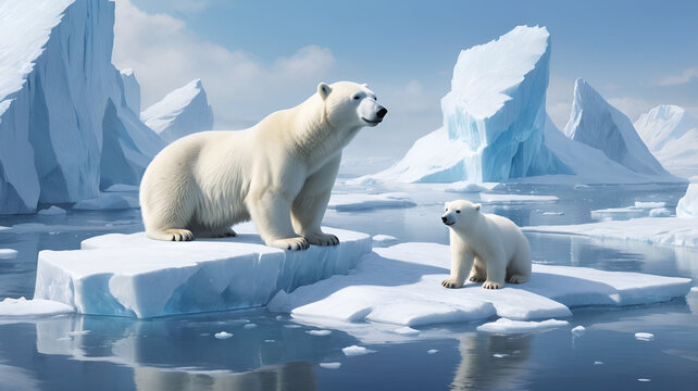 Near a cluster of icebergs, a mother polar bear gently nuzzles her playful cub as they rest on a floating slab of ice.
