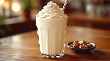 Delicious vanilla milkshake with whipped cream and crunchy treats on a wooden table photo