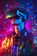 Young man wearing VR headset intensely focused on gaming surrounded by neon lights isolated on a gradient background