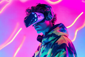 Young man wearing VR headset intensely focused on gaming surrounded by neon lights isolated on a gradient background