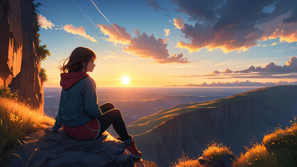 Generated digital art illustration of a girl standing near the edge of a cliff overlooking the landscape watching the sunset with scenic skyscape in the background.