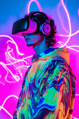 Young man wearing VR headset intensely focused on gaming surrounded by neon lights isolated on a gradient background
