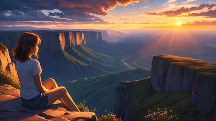 Generated digital art illustration of a girl standing near the edge of a cliff overlooking the landscape watching the sunset with scenic skyscape in the background.