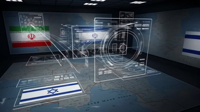 Animated 3d holographic interface showing iran and israel flags with map background