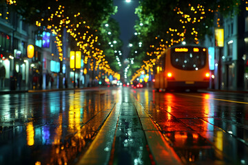 Rainy night city street scene with colorful lights reflecting on wet pavement. A blurred bus and pedestrians add to the ambiance.