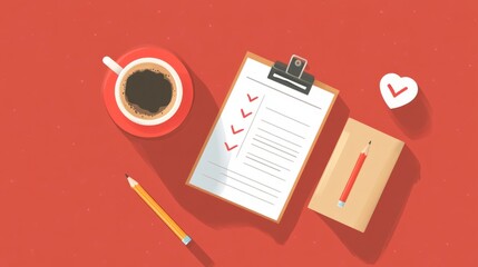 Illustrated desktop with checklist, coffee, notebook, and pencil, concept: organized morning routine generative ai