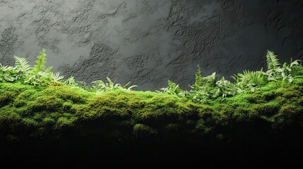 Lush green moss and ferns on a dark textured wall.