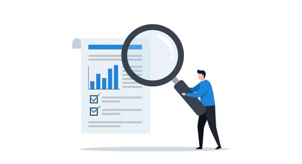 A person examines a document with a magnifying glass, highlighting data analysis and review.