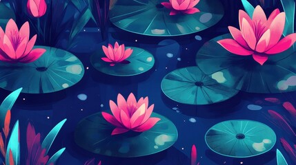 Vibrant water lilies in a stylized pond.