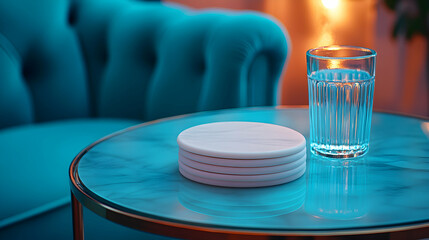 Stylish marble coasters and a glass of water on a teal glass side table, blurred teal armchair in background, creates a calming, sophisticated mood.