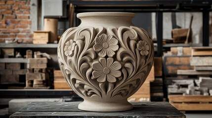 Ornate carved vase with floral designs.