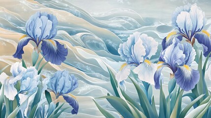 Delicate blue and white irises amidst flowing water.