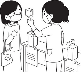 Line art illustration showing a person getting their temperature checked with a non-contact infrared thermometer before entering a building. Hand sanitizer bottles are on the table. 