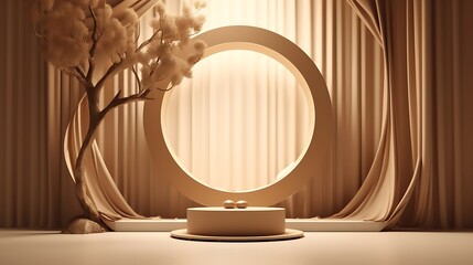 Elegant and serene studio scene with tree and podium for product display a beautiful photo