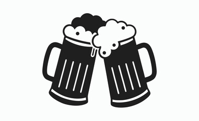 Two beer mug silhouette, cheers vector icon isolated on white background, beverage celebration silhouette, black white illustration







