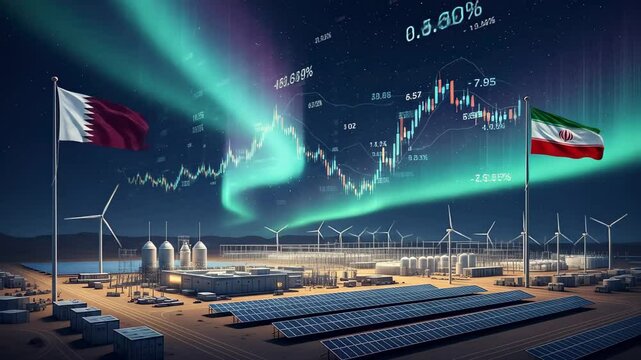 Nighttime renewable energy farm with wind turbines solar panels and financial stock market data overlay - Powered by Adobe
