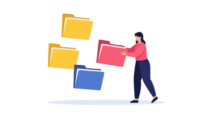 Obraz premium Woman carrying colorful folders, digital illustration, organization concept.