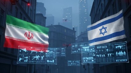 Futuristic urban scene with iran and israel flags drones and war data holograms in a dark cityscape