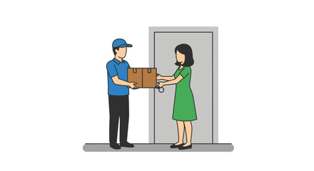 Fototapeta premium A delivery person hands a package to a woman at a doorway.