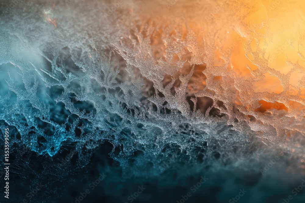 Poster intricate frost patterns on a windowpane, showcasing a mesmerizing blend of teal and orange hues.
