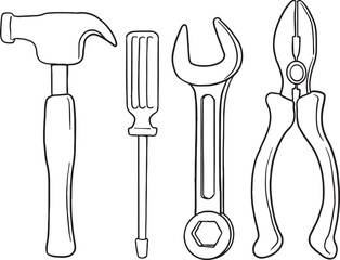 A set of four line art illustrations of essential hand tools: a hammer, a screwdriver, a wrench, and pliers. This simple and clean design is perfect for handyman, construction, repair.