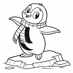 penguin with a scarf, standing on ice with tiny wings spread black-and-white line drawing for coloring