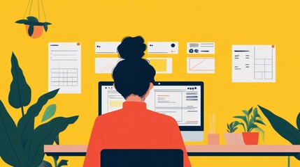 Illustrated scene of a person reviewing a completed list, feeling satisfied, productivity and order generative ai