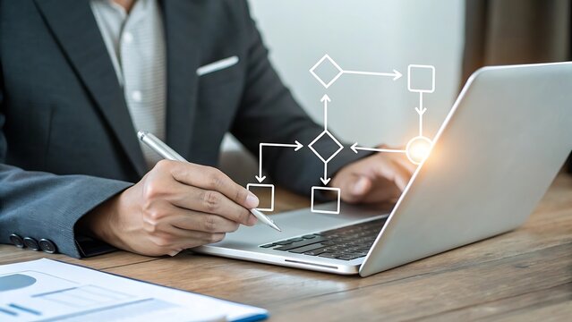 Businessman analyzing flowchart on laptop with digital interface overlay